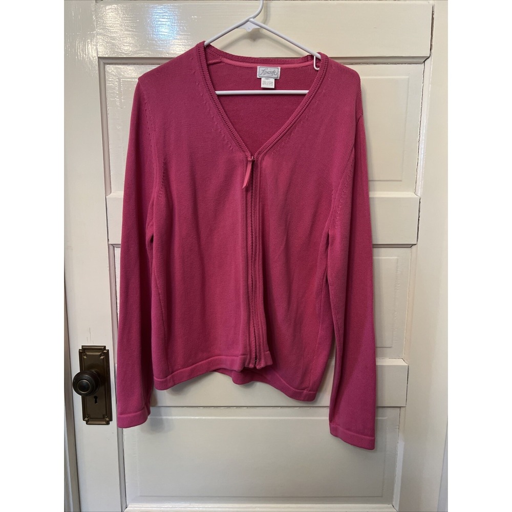 Foxcroft V-Neck Zip Up Pink Cardigan Cotton Sweater Large Classic Preppy